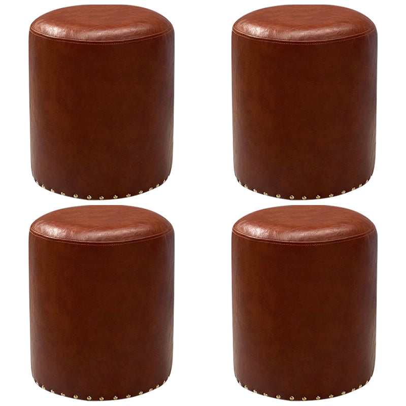 Modern PU Leather Pouf Chair Plain Cylinder Shape Nailhead Trim Sherpa Pouf 13"L x 13"W x 16"H Brown 4 Piece Set Clearhalo 'furn' 'furn_ottomans_poufs' 'Furniture' 'Living Room Furniture' 'Ottomans & Poufs' 'ottomans_poufs' 5943359