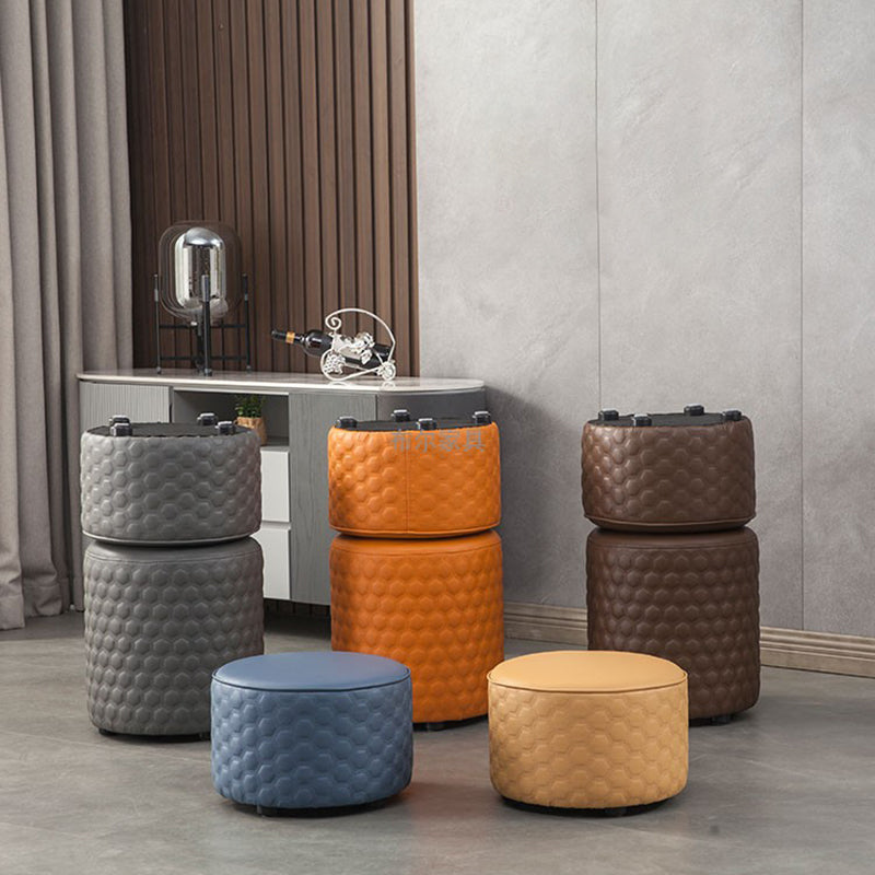 Stylish PU Ottoman Solid Color Water Resistant Round Footstool Ottoman Clearhalo 'furn' 'furn_ottomans_poufs' 'Furniture' 'Living Room Furniture' 'Ottomans & Poufs' 'ottomans_poufs' 5943481