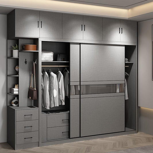 Contemporary Wooden Wardrobe Gray Colour Wardrobe Closet with Sliding Door