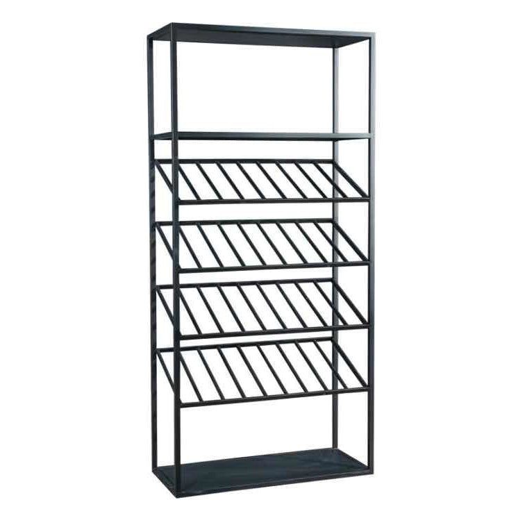 Industrial Floor Wine Shelf Metal Wine Glass Stemware Rack Holder 13.78" Wide Wine Bottle Rack Black Clearhalo 'furn' 'furn_wine_racks' 'Furniture' 'Kitchen & Dining Furniture' 'Wine Racks' 'wine_racks' 5944094