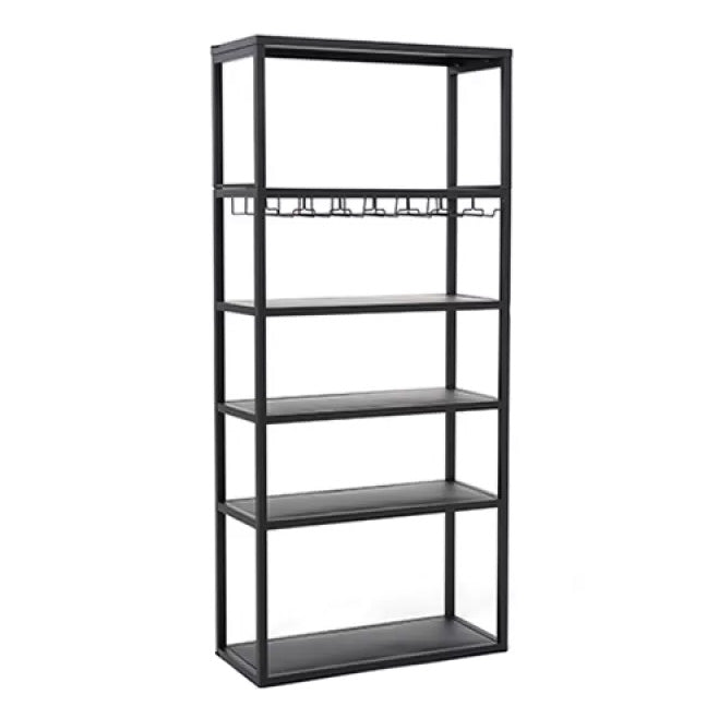 Industrial Floor Wine Shelf Metal Wine Glass Stemware Rack Holder 13.78" Wide Wine Bottle & Glass Rack Black Clearhalo 'furn' 'furn_wine_racks' 'Furniture' 'Kitchen & Dining Furniture' 'Wine Racks' 'wine_racks' 5944095
