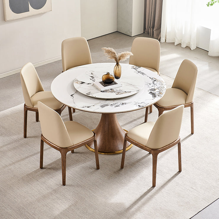Modern Rotatable Round Table Set 1/4/5/7 Pieces Sintered Stone Top Wooden Round Table Set