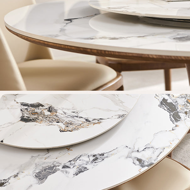 Modern Rotatable Round Table Set 1/4/5/7 Pieces Sintered Stone Top Wooden Round Table Set