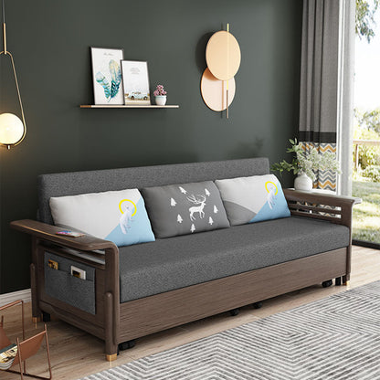 Stoffen slaapbank met 3 kussens vaste houten bank in walnootafwerking