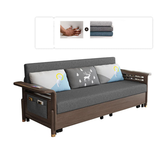 Stoffsofa Bett mit 3 Kissen Massivholzsofa im Walnuss -Finish