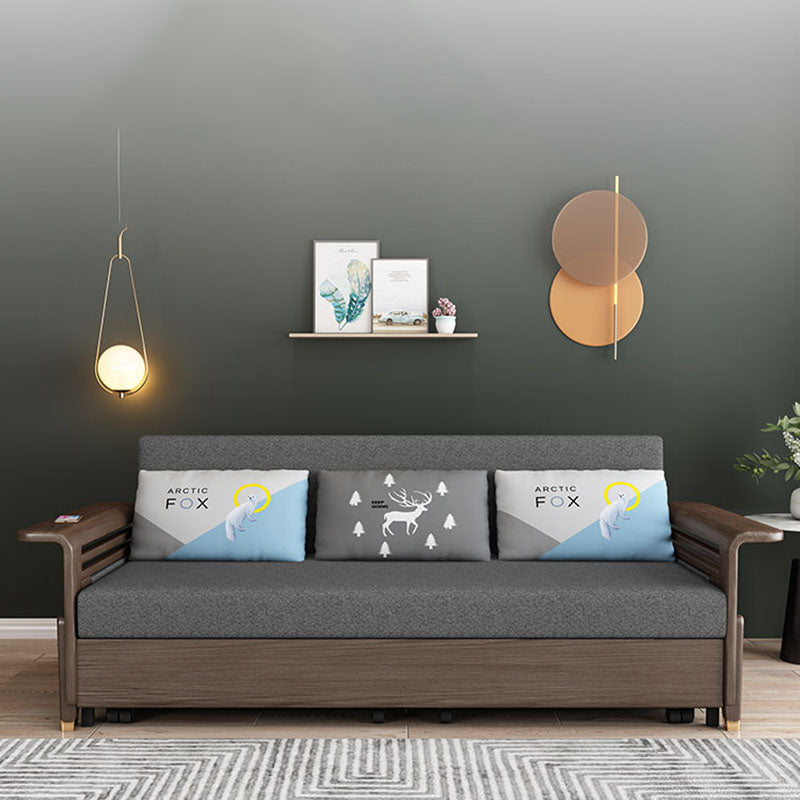 Stoffen slaapbank met 3 kussens vaste houten bank in walnootafwerking