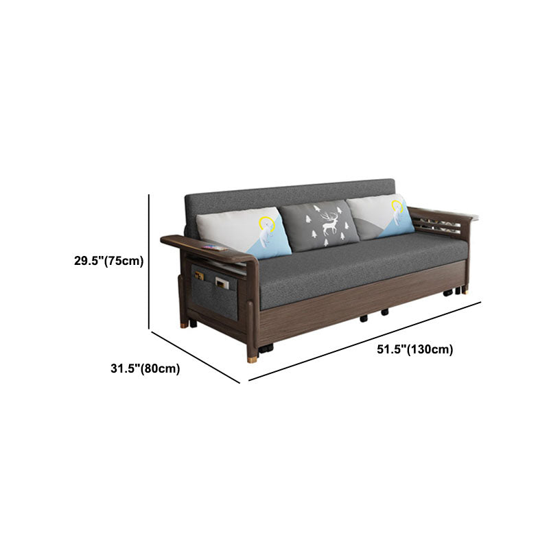 Stoffen slaapbank met 3 kussens vaste houten bank in walnootafwerking