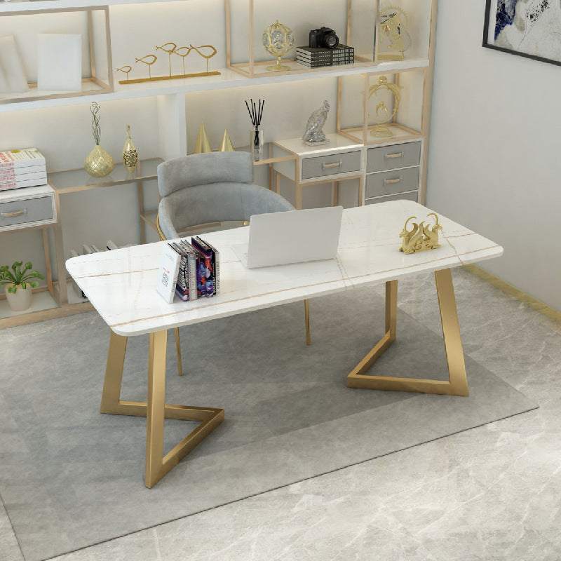 Curved Glam Office Desk with Metal Legs Writing Desk Iron and Stone