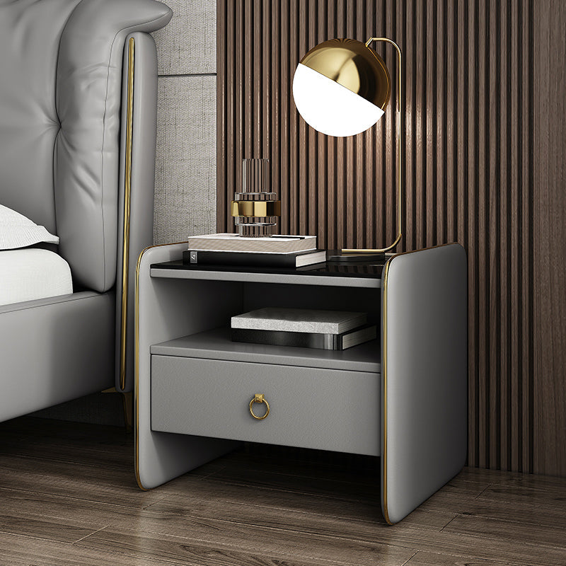 Modern Glass Top Nightstand Wooden Bedside Cabinet with Drawers for Bedroom Light Gray 1 Piece Clearhalo 'Bedroom Furniture' 'furn' 'furn_night_stand' 'Furniture' 'night_stand' 'Nightstands' 5949591
