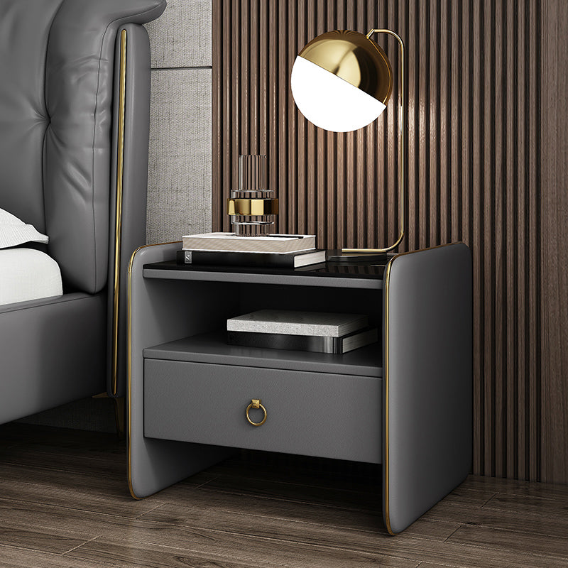 Modern Glass Top Nightstand Wooden Bedside Cabinet with Drawers for Bedroom Dark Gray 1 Piece Clearhalo 'Bedroom Furniture' 'furn' 'furn_night_stand' 'Furniture' 'night_stand' 'Nightstands' 5949594