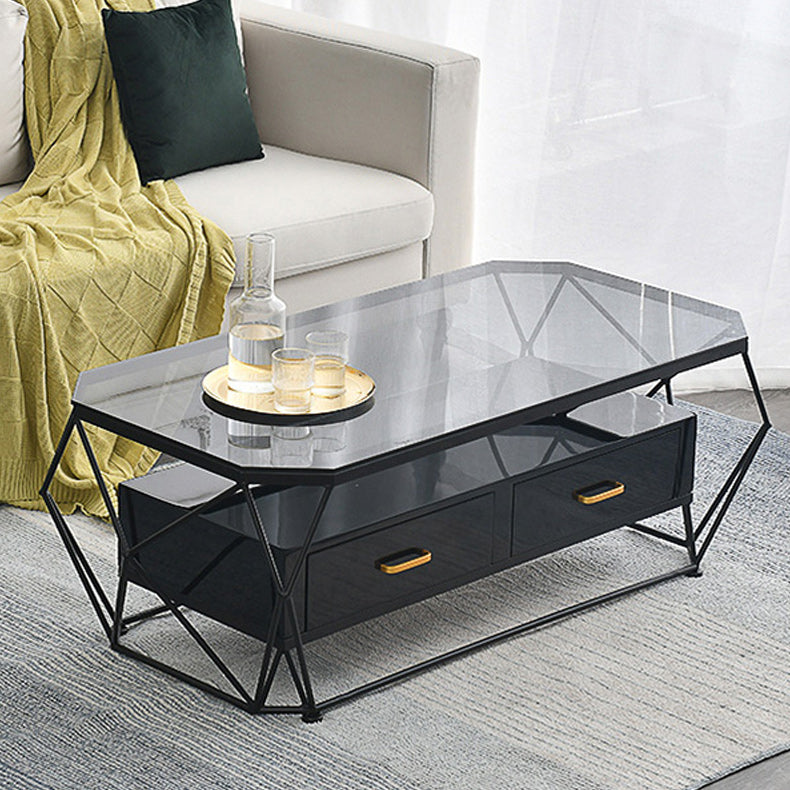 Modern Frame Coffee Cocktail Table Rectangular Glass Top Cocktail Table with Drawer