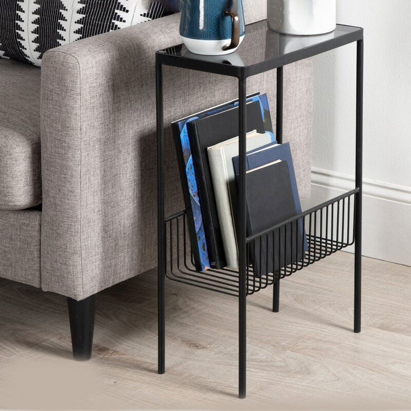 Rectangle Glass/ Metal Top Side Table 27.5" Tall 4 Legs End Table with Shelf