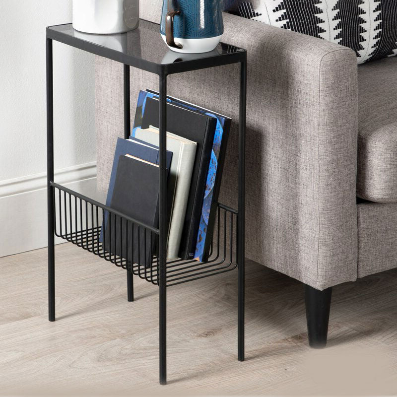 Rectangle Glass/ Metal Top Side Table 27.5" Tall 4 Legs End Table with Shelf