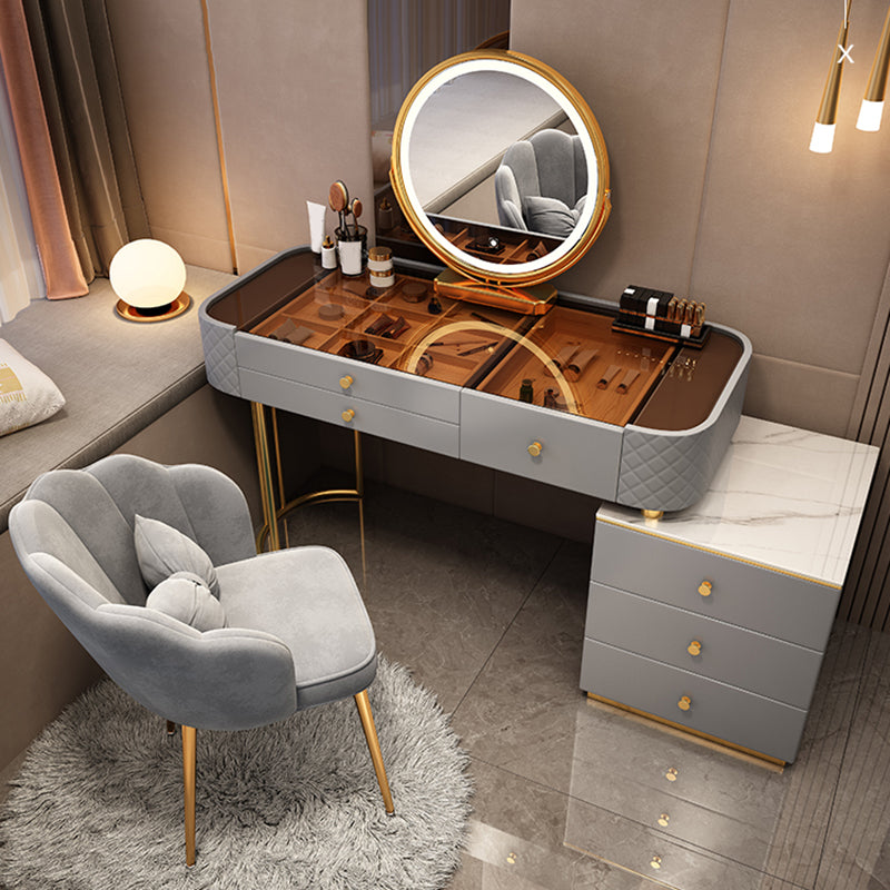 Escritorio de tocador de maquillaje de madera glamoroso con cajón, juego de tocador gris/blanco