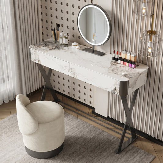 Luxurious tocador de tocador 2 cajones de almacenamiento con taburetes acolchados en blanco