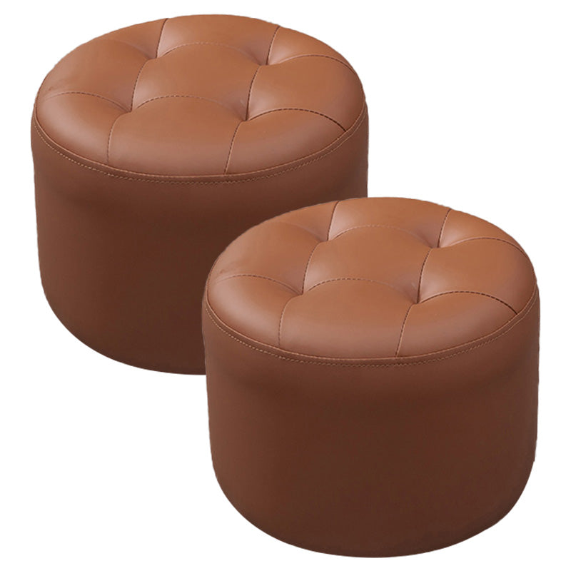 Modern Faux Leather Ottoman Plain Tufted Detail Round Footstool Ottoman Brown 2 Piece Set Clearhalo 'furn' 'furn_ottomans_poufs' 'Furniture' 'Living Room Furniture' 'Ottomans & Poufs' 'ottomans_poufs' 5956494