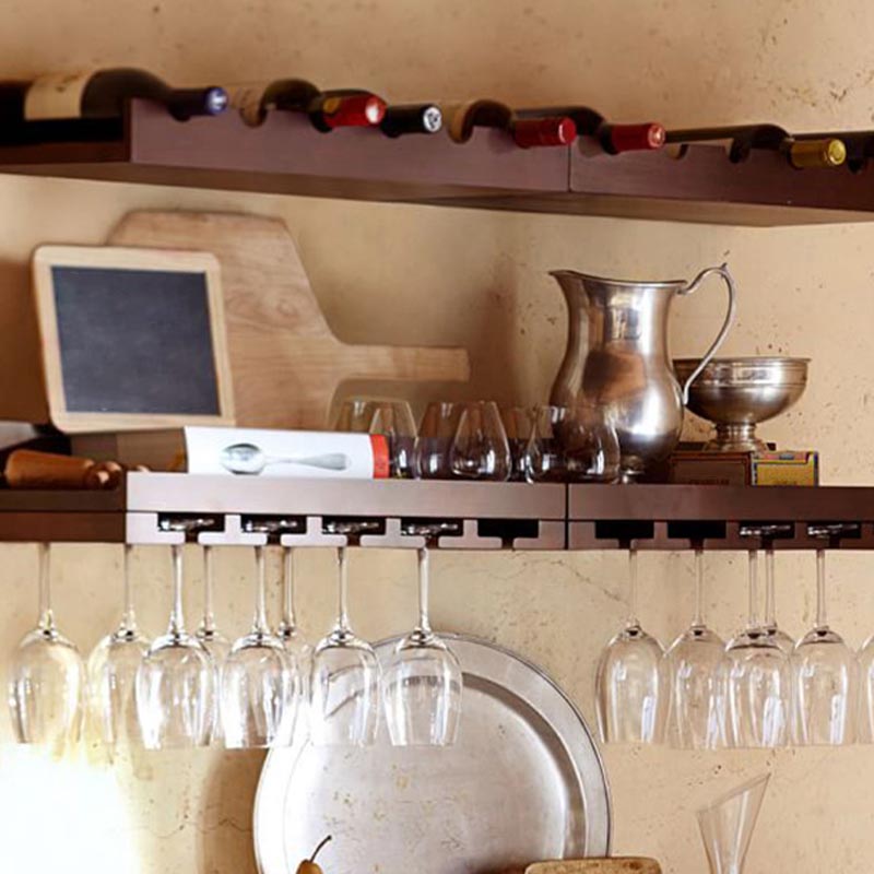 壁に取り付けられた木製ワインのボトル＆ガラスラックミッドセンチュリーモダンワインホルダー