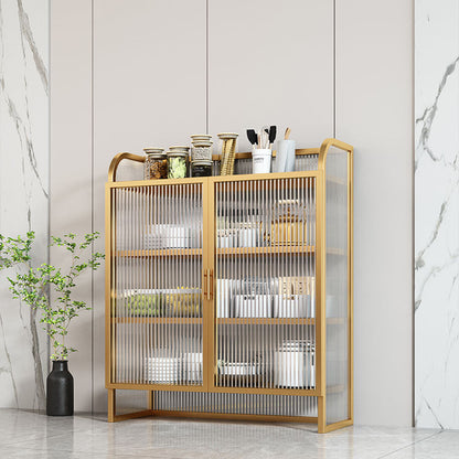 Aparador de acabado metálico con puertas de vidrio servidor de comedor glamoroso con patas de metal