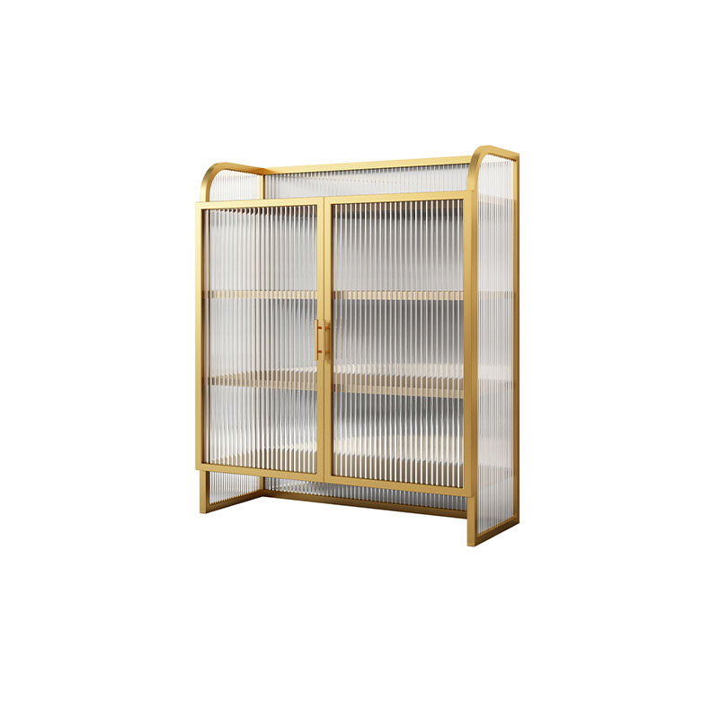 Aparador de acabado metálico con puertas de vidrio servidor de comedor glamoroso con patas de metal