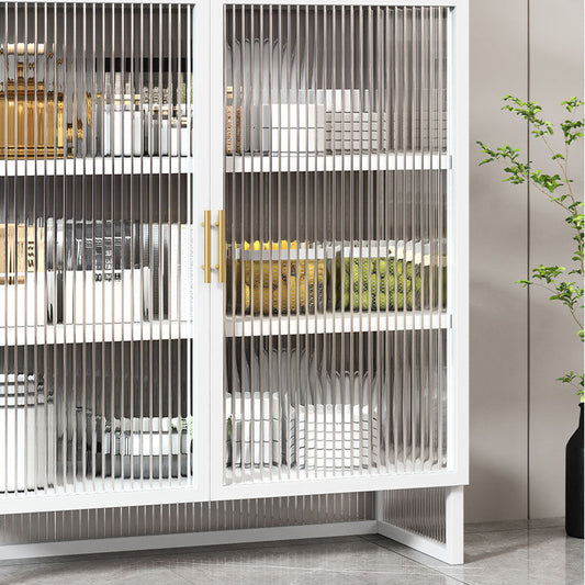 Metaalachtige afwerking dressoir met glazen deuren glamour dinerserver met metalen benen