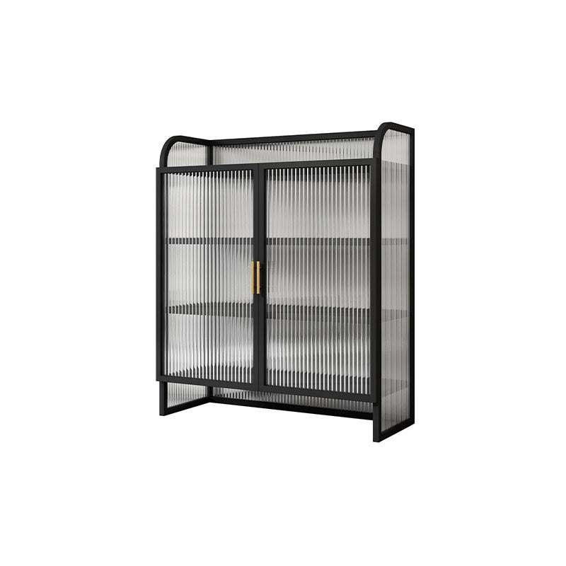 Aparador de acabado metálico con puertas de vidrio servidor de comedor glamoroso con patas de metal