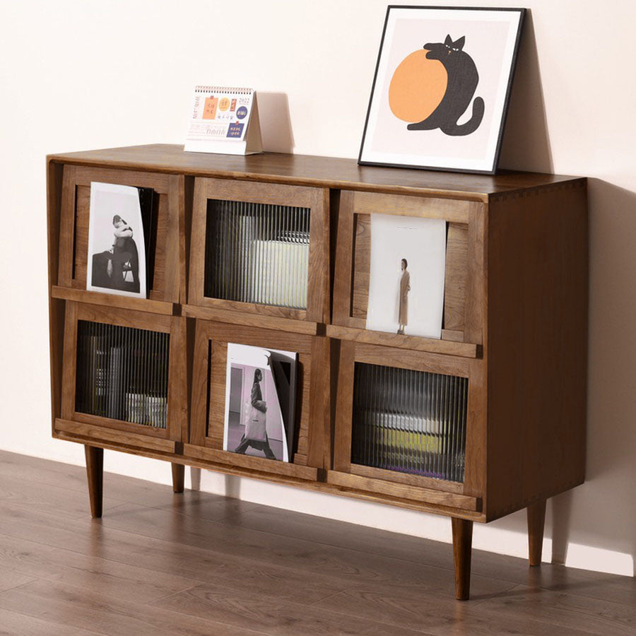 Contemporary Solid Wood Server with Doors Solid Wood Legs Sideboard 52.8"L x 15.7"W x 36.2"H Walnut Vertical Glass Clearhalo 'buffet_sideboard' 'Buffets & Sideboards' 'furn' 'furn_buffet_sideboard' 'Furniture' 'Kitchen & Dining Furniture' 5960170
