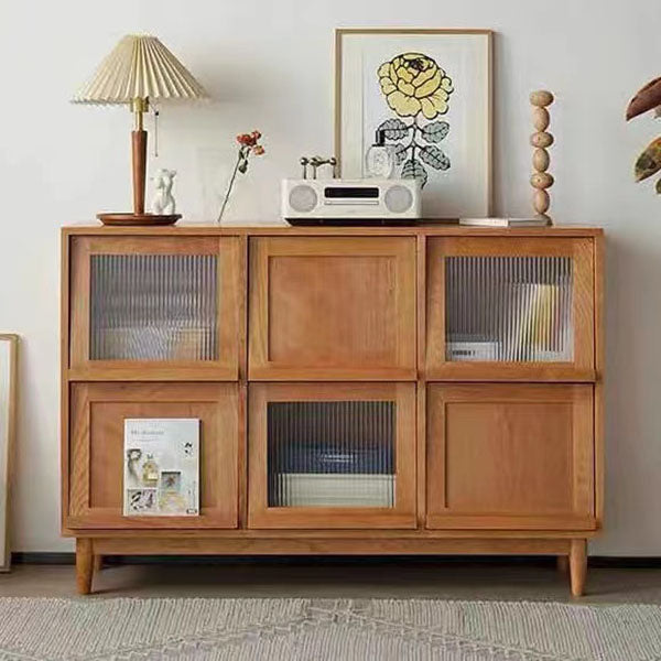 Contemporary Solid Wood Server with Doors Solid Wood Legs Sideboard 52.8"L x 15.7"W x 36.2"H Cherry Wood Vertical Glass Clearhalo 'buffet_sideboard' 'Buffets & Sideboards' 'furn' 'furn_buffet_sideboard' 'Furniture' 'Kitchen & Dining Furniture' 5960171