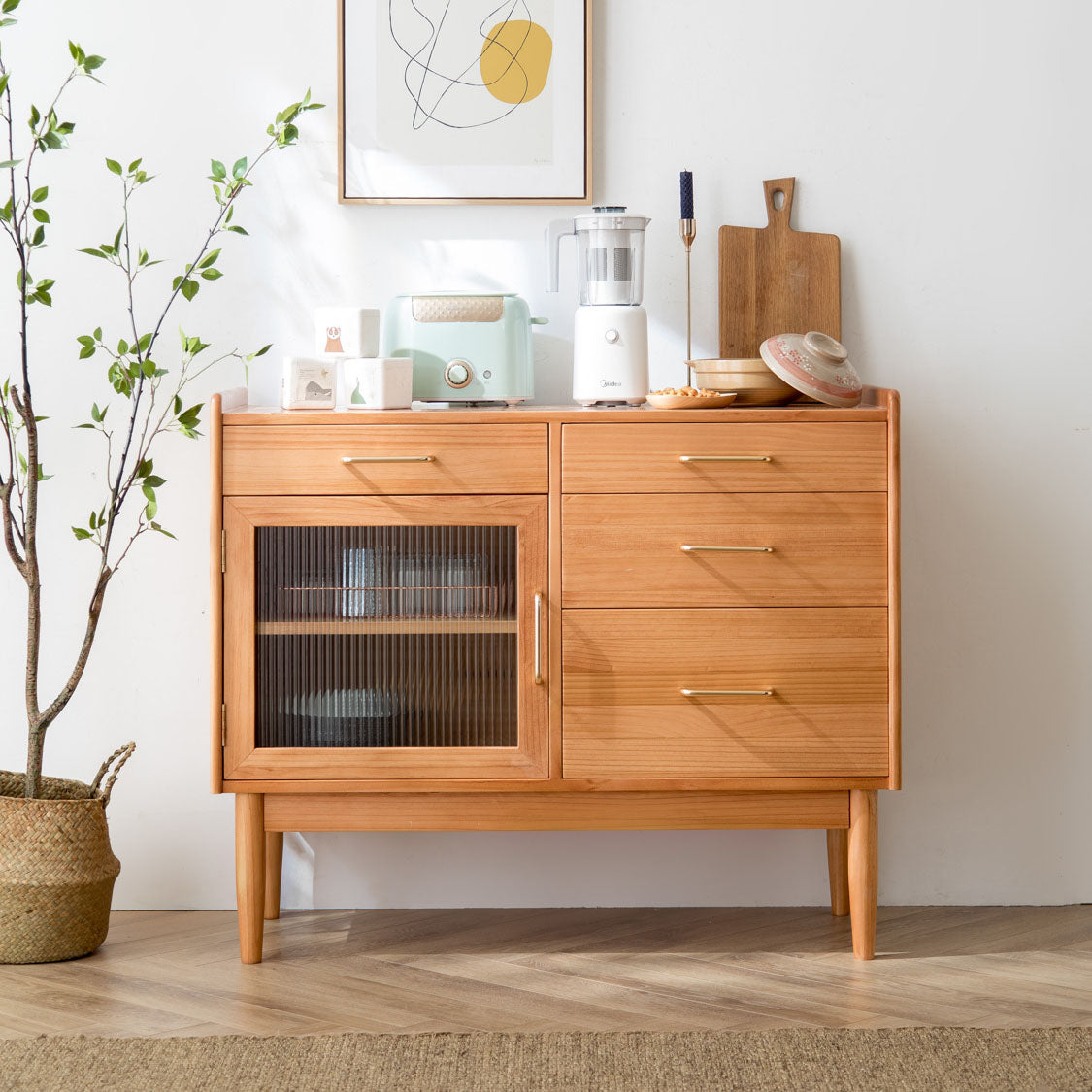 4-Drawer Dining Server Pine Massives Holz Sideboard-Buffet für Esszimmer