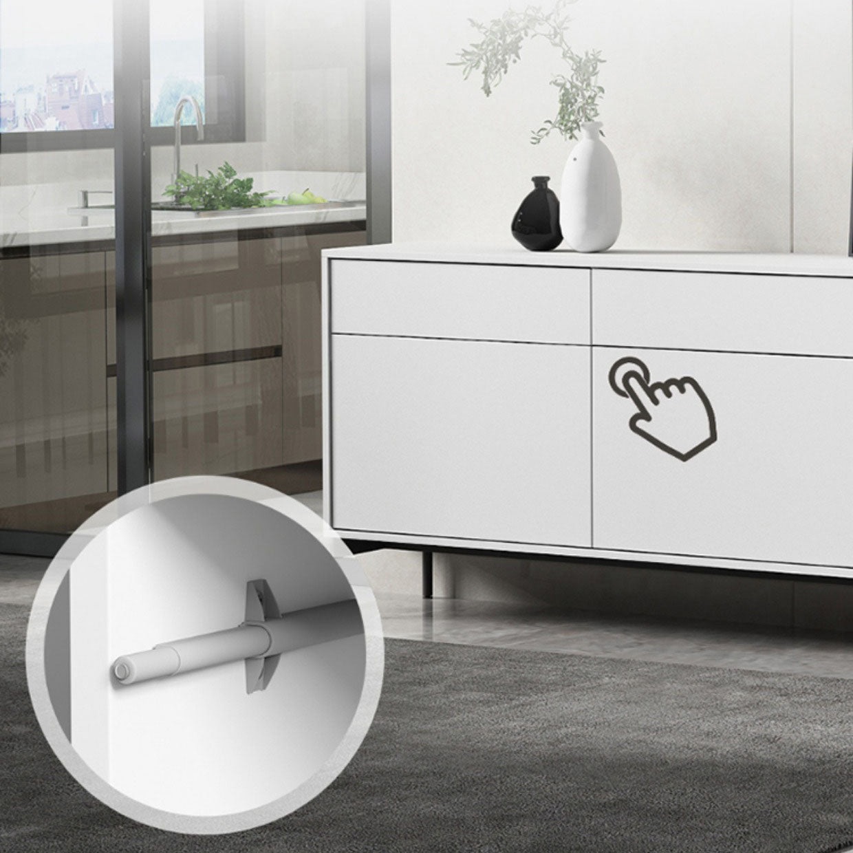 Server di legno ingegnerizzato bianco server contemporaneo con cassetti e porte