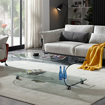 Contemporary Glass Shelf Included Coffee Cocktail Table with Casters Clear Clearhalo 'Coffee & Accent Tables' 'Coffee Tables' 'coffee_tables' 'furn' 'furn_coffee_tables' 'Furniture' 'Living Room Furniture' 5961888