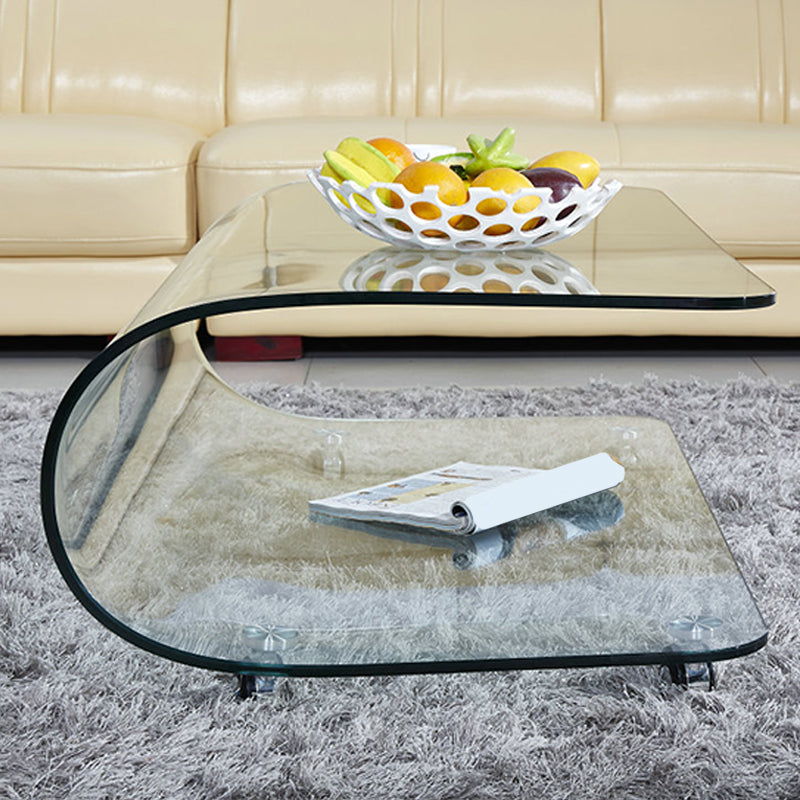 Contemporary Glass Shelf Included Coffee Cocktail Table with Casters Clearhalo 'Coffee & Accent Tables' 'Coffee Tables' 'coffee_tables' 'furn' 'furn_coffee_tables' 'Furniture' 'Living Room Furniture' 5961889