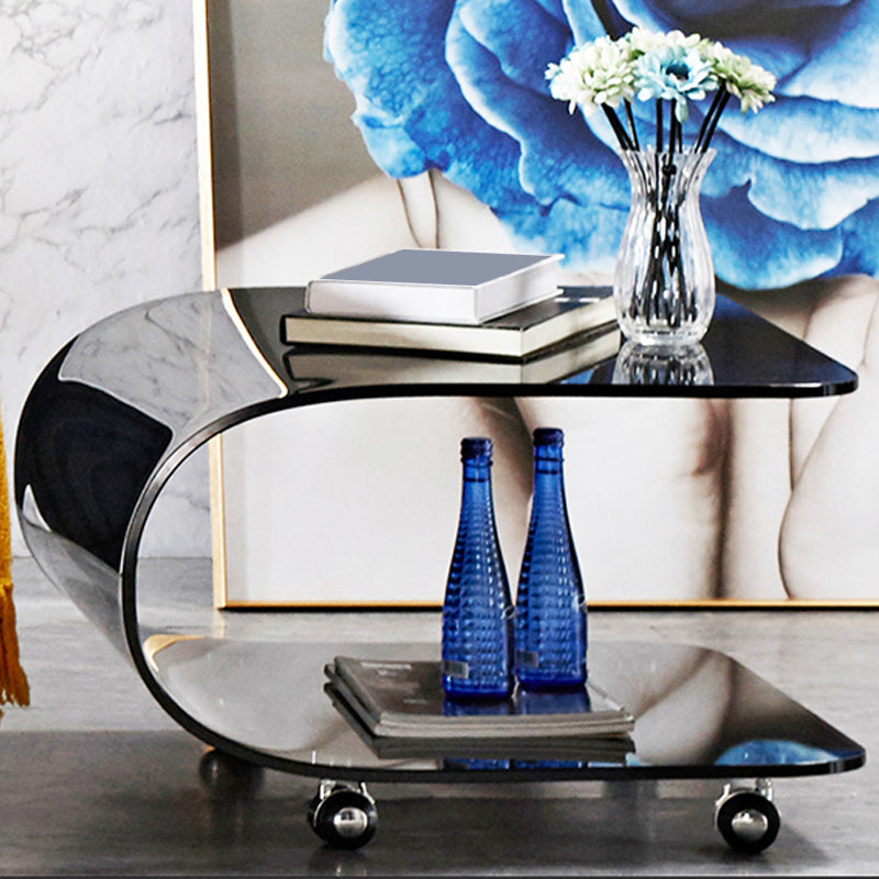 Contemporary Glass Shelf Included Coffee Cocktail Table with Casters Clearhalo 'Coffee & Accent Tables' 'Coffee Tables' 'coffee_tables' 'furn' 'furn_coffee_tables' 'Furniture' 'Living Room Furniture' 5961897