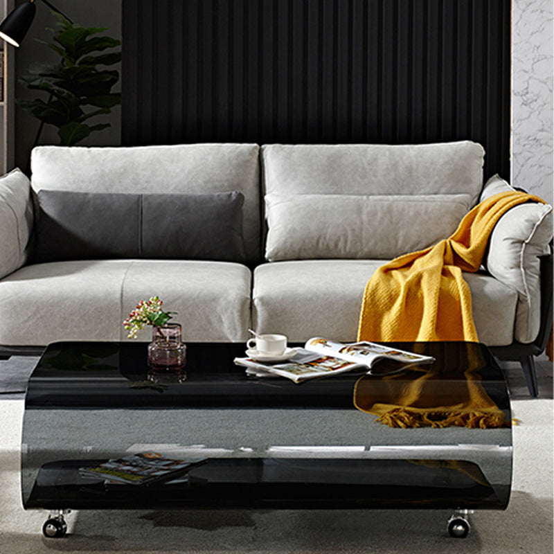 Contemporary Glass Shelf Included Coffee Cocktail Table with Casters Clearhalo 'Coffee & Accent Tables' 'Coffee Tables' 'coffee_tables' 'furn' 'furn_coffee_tables' 'Furniture' 'Living Room Furniture' 5961901