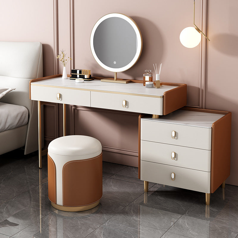 Glam Stone Top Vanity Makeup Dressing Table Set with Storage Drawers
