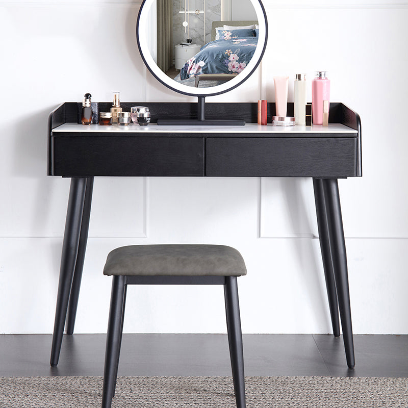 Contemporary Stone Makeup Dressing Table 33.5" H 2 Drawers Vanity Table in Black Clearhalo 'Bedroom Furniture' 'furn' 'furn_makeup_vanities' 'Furniture' 'Makeup Vanities' 'makeup_vanities' 5962599