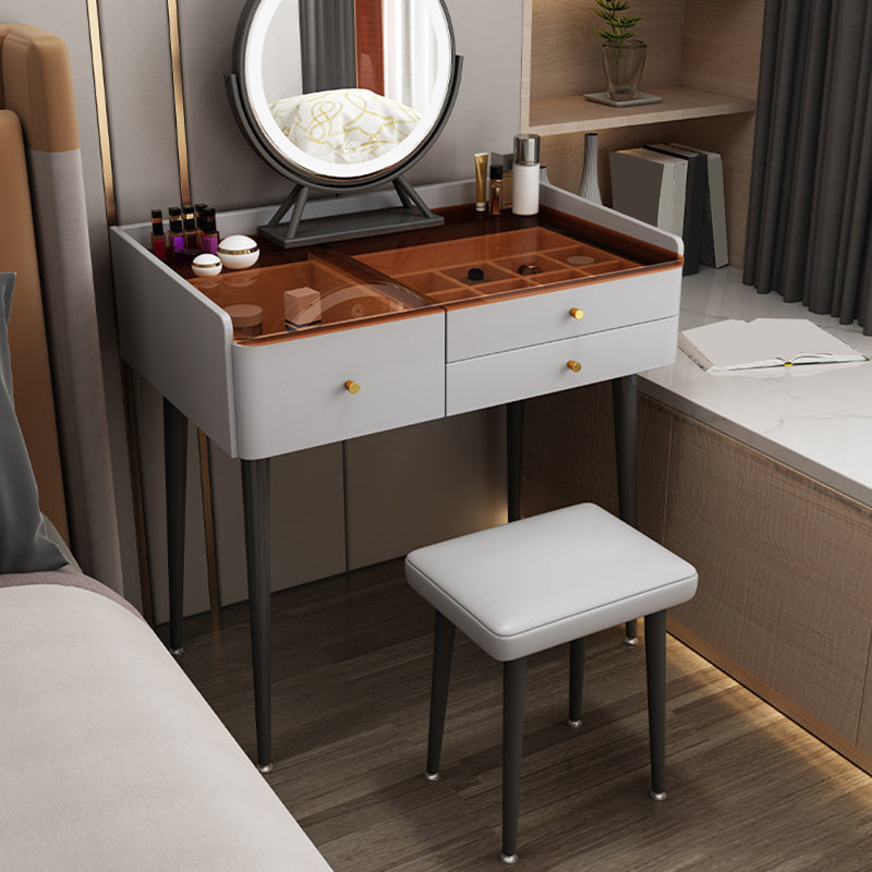 Modern Glass Top Makeup Vanity Table in Gray with Storage Drawers Clearhalo 'Bedroom Furniture' 'furn' 'furn_makeup_vanities' 'Furniture' 'Makeup Vanities' 'makeup_vanities' 5962615