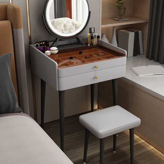 Modern Glass Top Makeup Vanity Table in Gray with Storage Drawers Clearhalo 'Bedroom Furniture' 'furn' 'furn_makeup_vanities' 'Furniture' 'Makeup Vanities' 'makeup_vanities' 5962632