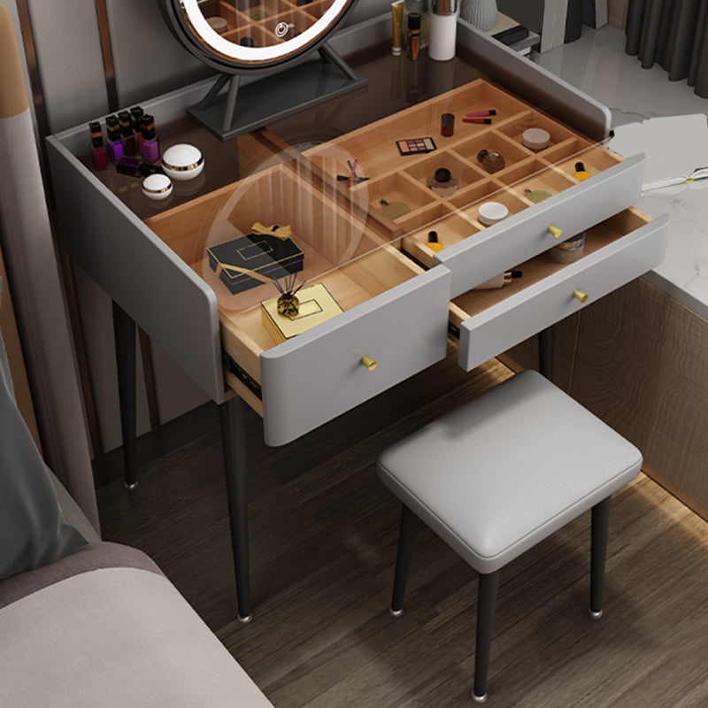 Modern Glass Top Makeup Vanity Table in Gray with Storage Drawers Clearhalo 'Bedroom Furniture' 'furn' 'furn_makeup_vanities' 'Furniture' 'Makeup Vanities' 'makeup_vanities' 5962633