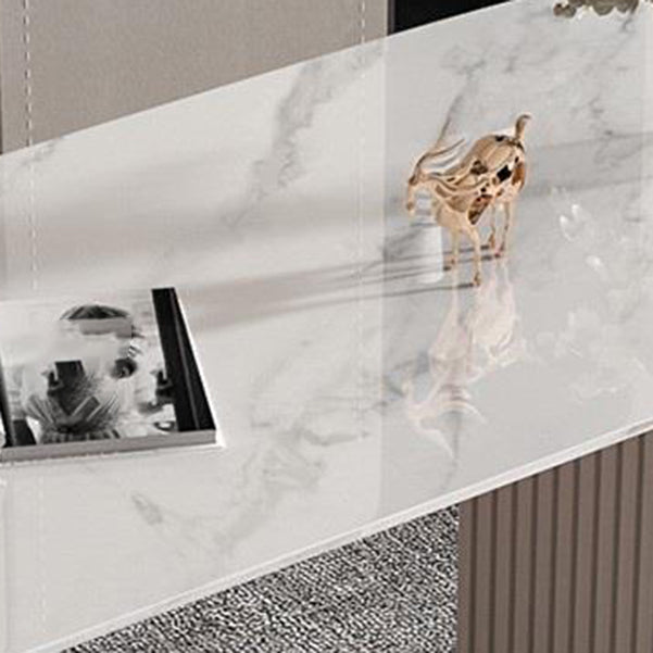 Escritorio de escritura de piedra beige con pedestal de oficina de oficina de base de metal cromado