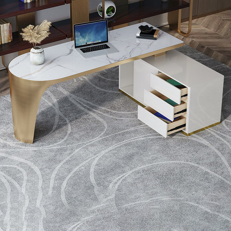 L-Shape Executive Desk Glam with Drawers Office Desk with Chrome Metal Base 70.9"L x 47.2"W x 29.5"H Gold Clearhalo 'furn' 'furn_office_desk' 'Furniture' 'Office Desks' 'Office Furniture' 'office_desk' 5965299
