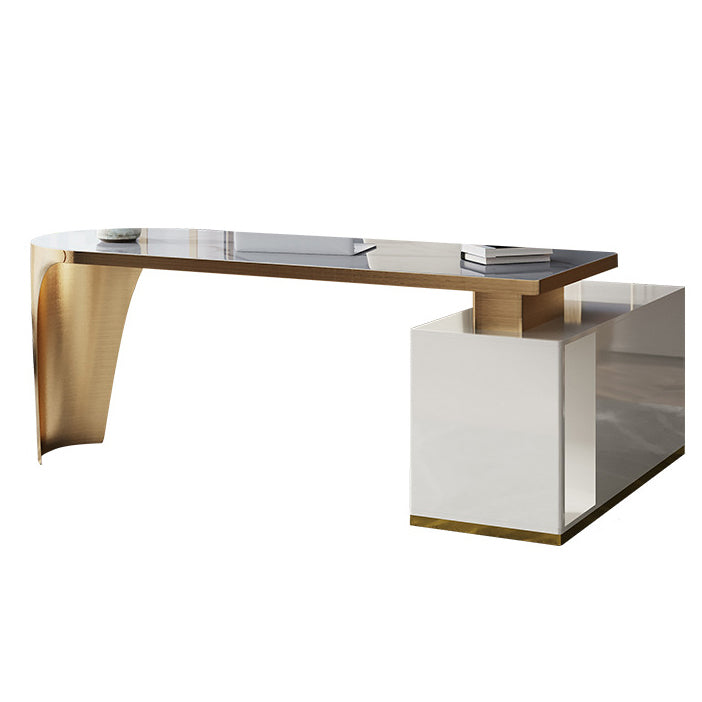 L-Shape Executive Desk Glam with Drawers Office Desk with Chrome Metal Base Clearhalo 'furn' 'furn_office_desk' 'Furniture' 'Office Desks' 'Office Furniture' 'office_desk' 5965301