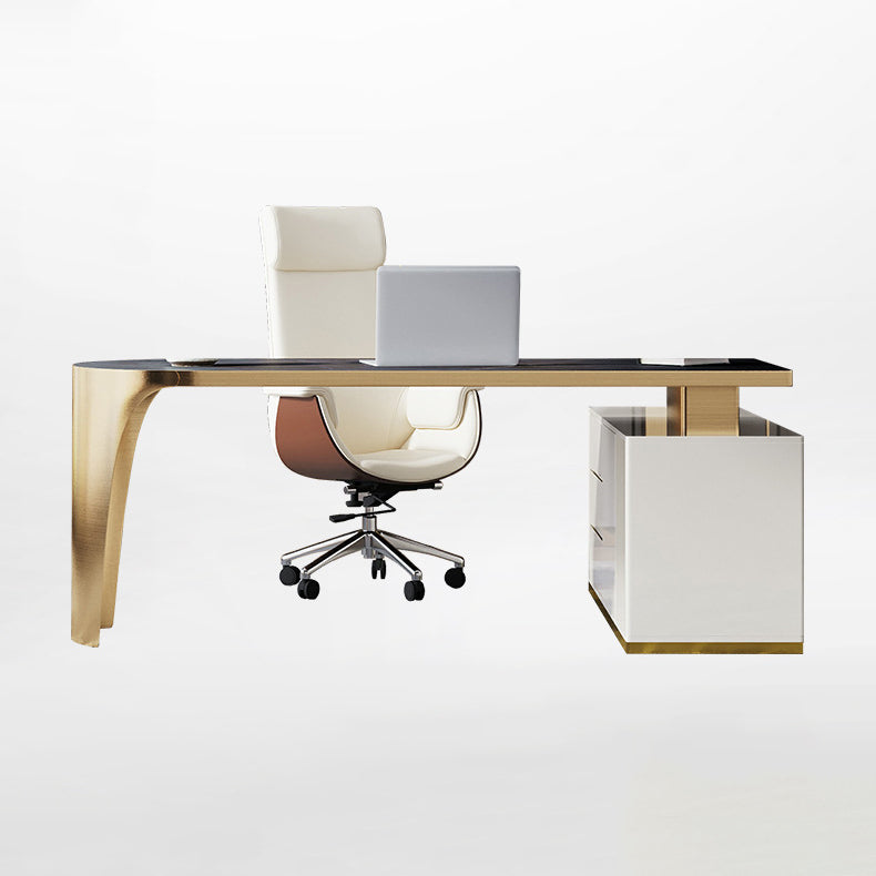 L-Shape Executive Desk Glam with Drawers Office Desk with Chrome Metal Base Clearhalo 'furn' 'furn_office_desk' 'Furniture' 'Office Desks' 'Office Furniture' 'office_desk' 5965305