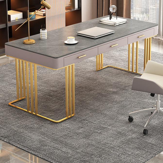 Stone and Metal Writing Desk Glam Pewter Office Desk 3 Drawer