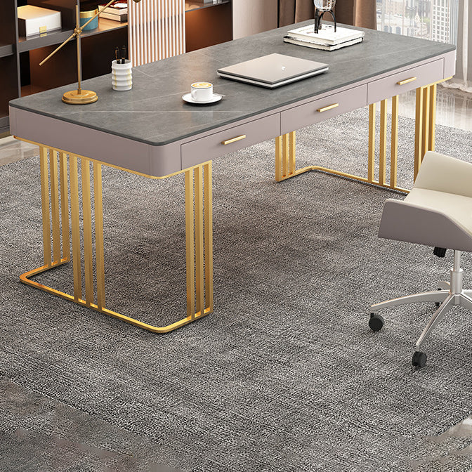 Stone and Metal Writing Desk Glam Pewter Office Desk 3 Drawer