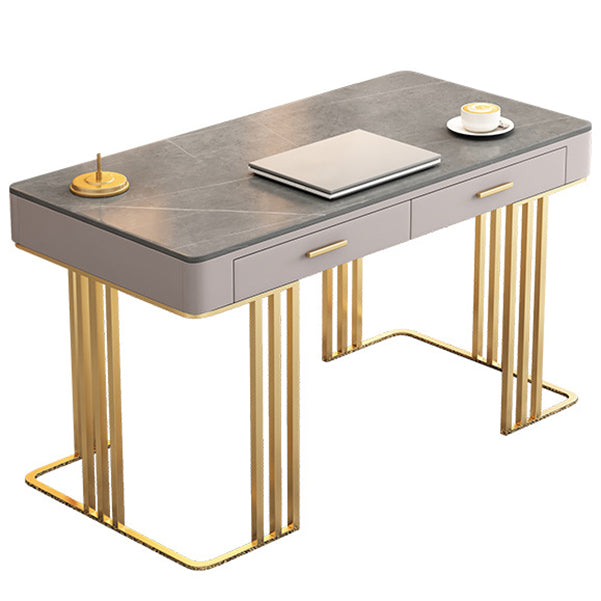 Stone and Metal Writing Desk Glam Pewter Office Desk 3 Drawer