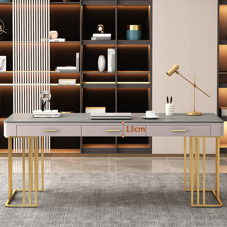 Stone and Metal Writing Desk Glam Pewter Office Desk 3 Drawer