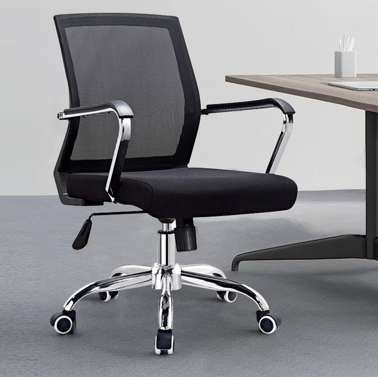 Modern Wheels Arm Chair Microfiber Black Conference Mid-Back Chair Clearhalo 'furn' 'furn_office_chair' 'Furniture' 'Office Chairs' 'Office Furniture' 'office_chair' 5965663