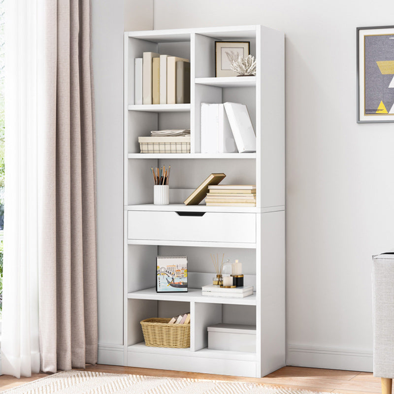 Modern Standard Open Bookshelf Engineered Wood Bookcase with Drawer Storage 19.7"L x 7.9"W x 61"H White Clearhalo 'Bookcases' 'furn' 'furn_bookcases' 'Furniture' 'Office Furniture' 5965900