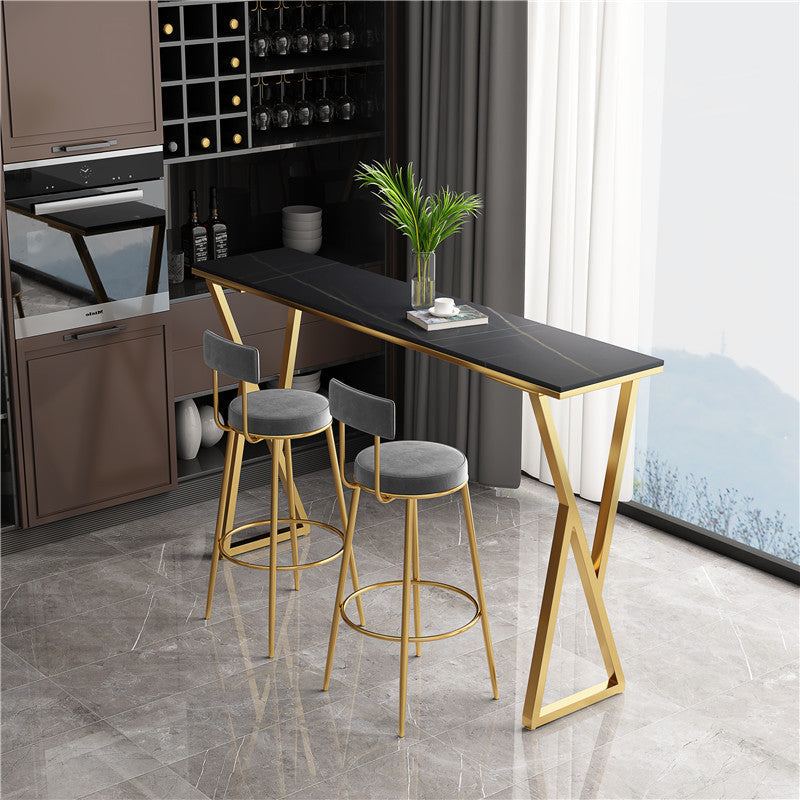 Modern Sintered Stone Bar Table Gold and Metal Base Dining Table 70.9"L x 15.7"W x 41.3"H Black Without Chairs Clearhalo 'Bar Furniture' 'Bar Tables' 'bar_tables' 'furn' 'furn_bar_tables' 'Furniture' 'Kitchen & Dining Furniture' 5966541