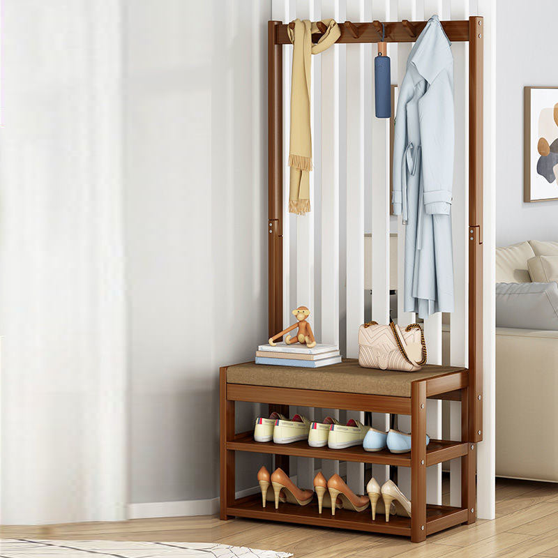 Modern Style Coat Rack Plain Solid Wood Free Standing Coat Hooks Design with Shoes Storage 25.2"L x 11.4"W x 66.1"H Clearhalo 'Entry & Mudroom Furniture' 'furn' 'furn_hall_tree_coat_racks' 'Furniture' 'Hall Trees & Coat Racks' 'hall_tree_coat_racks' 5969185